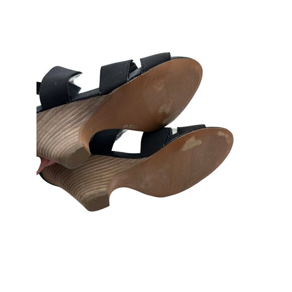 Steven Madden Size 6 Strappy Elastic Open-Toe Leather Back Heels Faux Wood Wedge - Picture 7 of 9